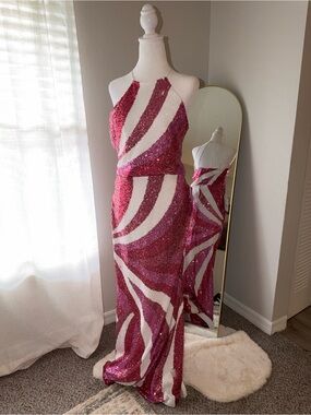 Macy's Pink and White Sequin Halter Dress